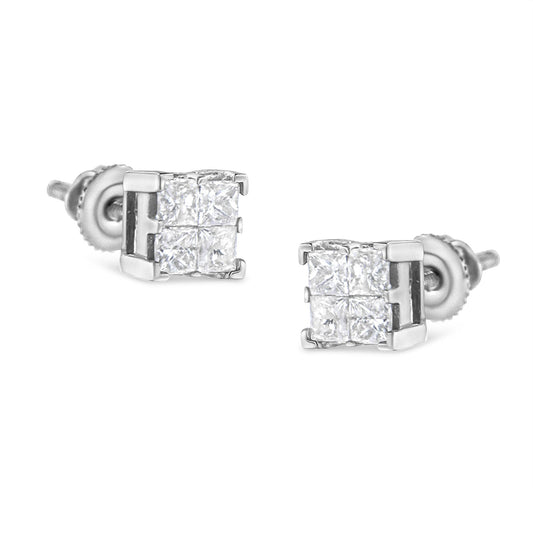 10K White Gold 3/4 Cttw Invisible Set Princess-Cut Diamond Composite Square Stud